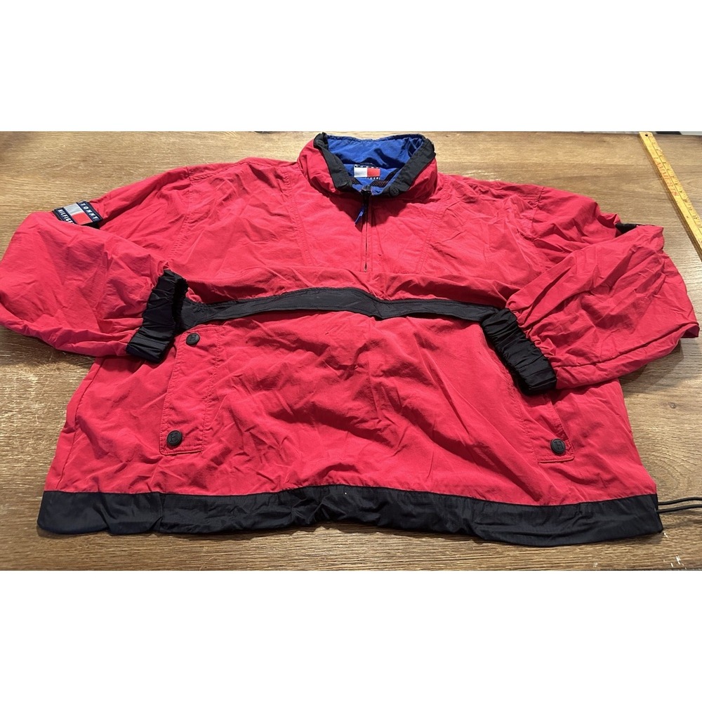 Vintage 90s Tommy Hilfiger Hideaway Pouch Windbreaker Pullover XXL Red